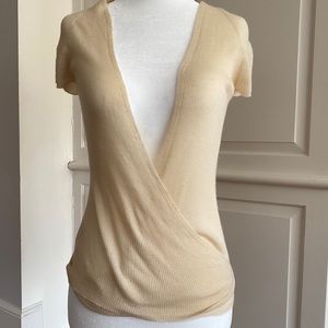 Cashmere/silk short sleeve wrap top.